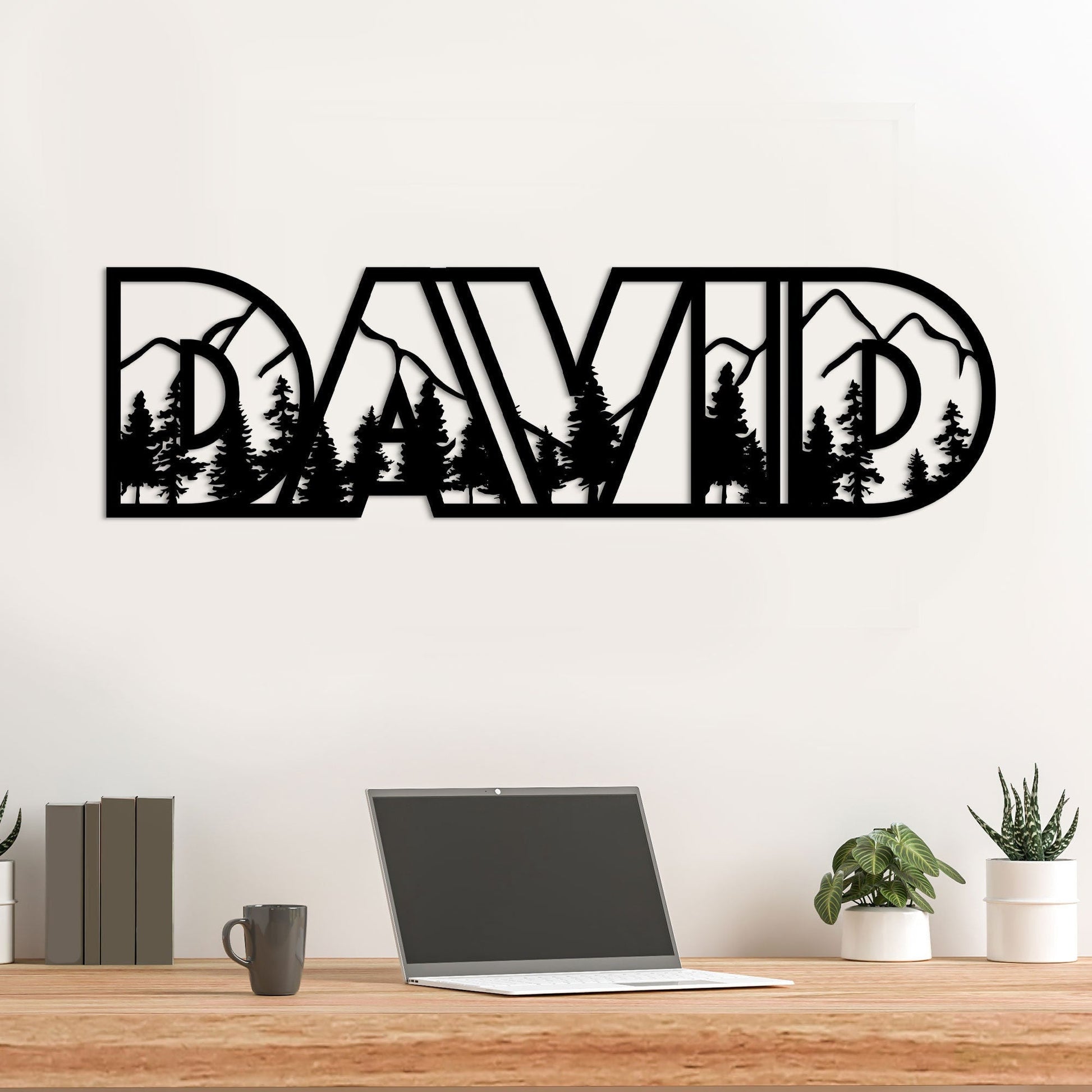 Custom 5 Letter Mountain Name Sign Nursery Led Light, Metal Name with Mountains and Trees, Wildlife Lover Gift, Nature Wall Art, Woodland