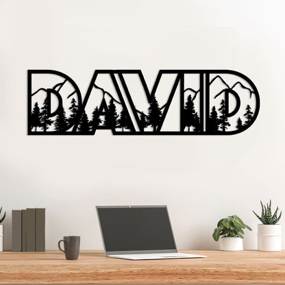 Custom 5 Letter Mountain Name Sign Nursery Led Light, Metal Name with Mountains and Trees, Wildlife Lover Gift, Nature Wall Art, Woodland