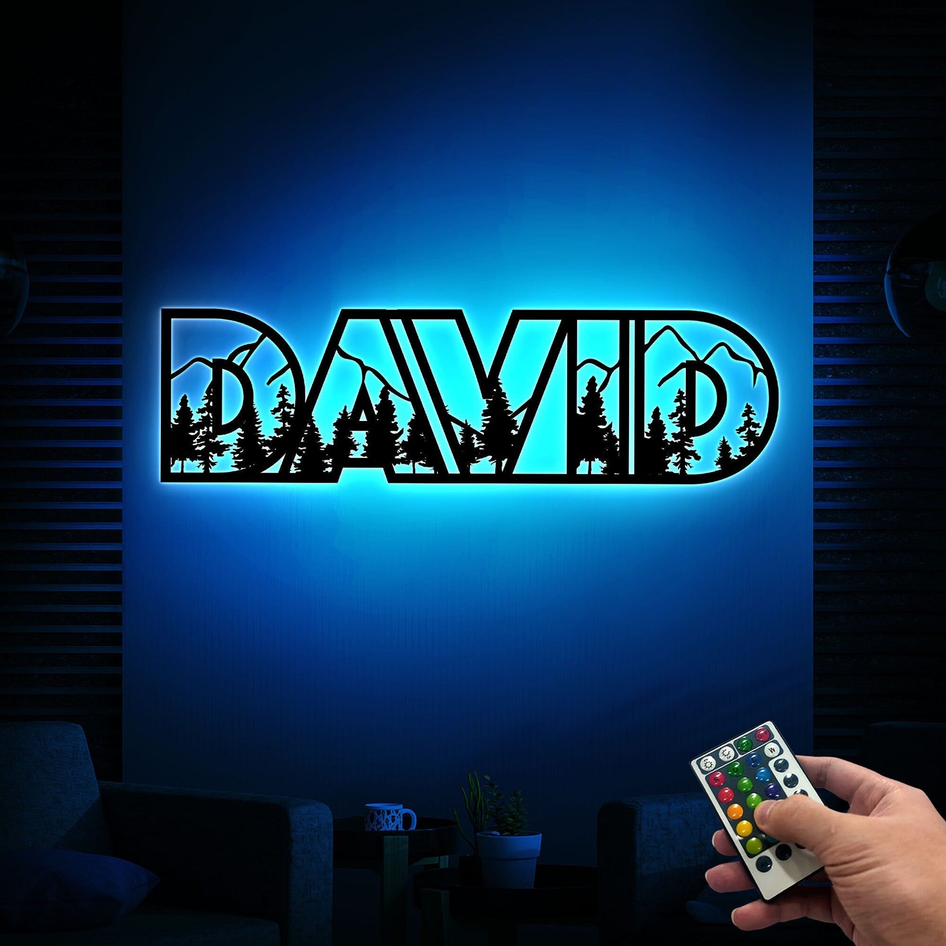 Custom 5 Letter Mountain Name Sign Nursery Led Light, Metal Name with Mountains and Trees, Wildlife Lover Gift, Nature Wall Art, Woodland