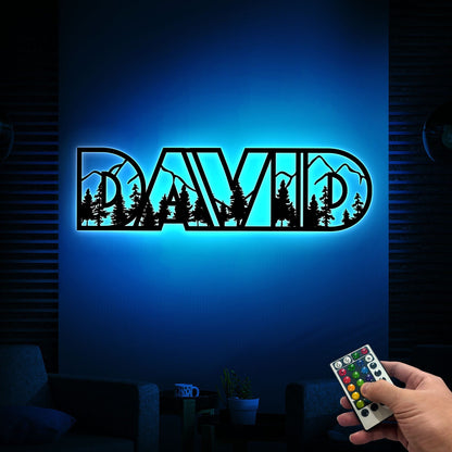 Custom 5 Letter Mountain Name Sign Nursery Led Light, Metal Name with Mountains and Trees, Wildlife Lover Gift, Nature Wall Art, Woodland