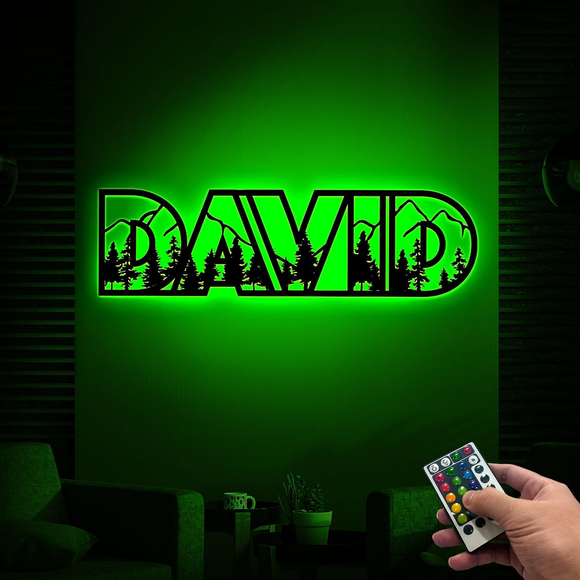 Custom 5 Letter Mountain Name Sign Nursery Led Light, Metal Name with Mountains and Trees, Wildlife Lover Gift, Nature Wall Art, Woodland