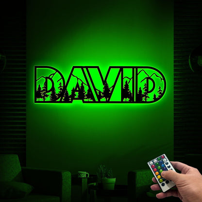 Custom 5 Letter Mountain Name Sign Nursery Led Light, Metal Name with Mountains and Trees, Wildlife Lover Gift, Nature Wall Art, Woodland