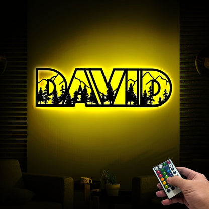 Custom 5 Letter Mountain Name Sign Nursery Led Light, Metal Name with Mountains and Trees, Wildlife Lover Gift, Nature Wall Art, Woodland