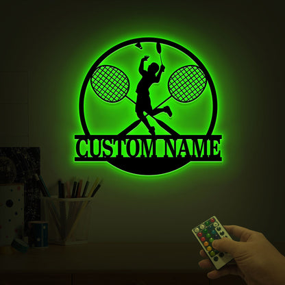 Custom Badminton Metal Wall Art with Led Light, Badminton Coach Gift, Badminton Player Name Sign, Badminton Racket, Boys Room Decor Sports