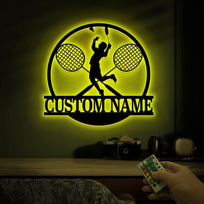 Custom Badminton Metal Wall Art with Led Light, Badminton Coach Gift, Badminton Player Name Sign, Badminton Racket, Boys Room Decor Sports