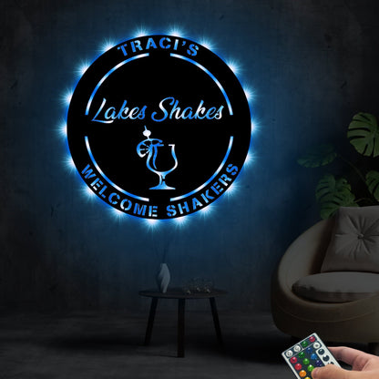 Custom Metal Wall Art With Led Lights For Shop Owner, Personalized Bar Sign Wall Art, Juice Bar Sign, Lakes Shakes Bar Sign, Welcome Sign