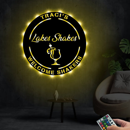 Custom Metal Wall Art With Led Lights For Shop Owner, Personalized Bar Sign Wall Art, Juice Bar Sign, Lakes Shakes Bar Sign, Welcome Sign