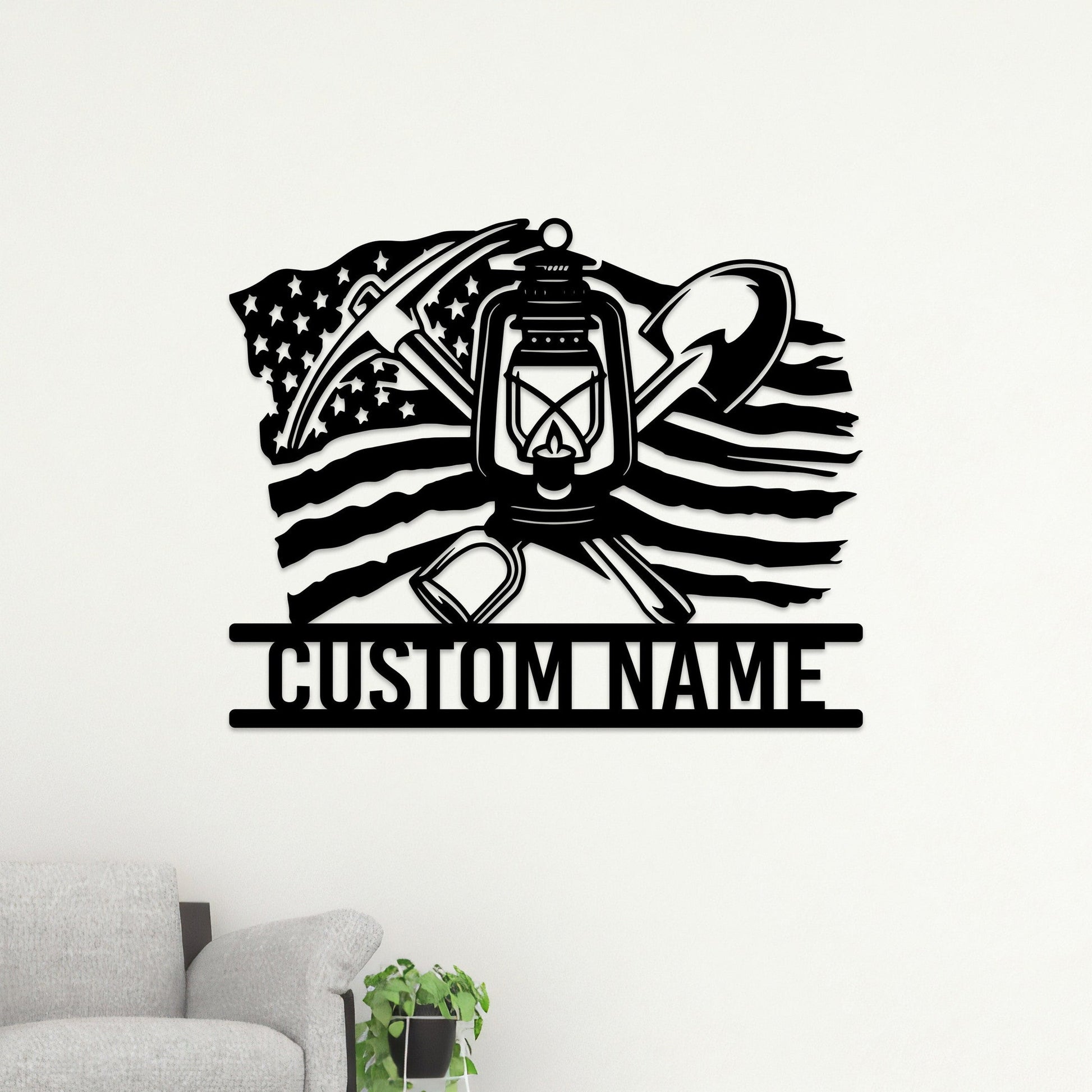 Custom Coal Mining US Flag Metal Wall Art with Led Light, Coal Mining Lantern Mining Tools Gift for Dad, Coal Miner Gifts Xmas Birthday