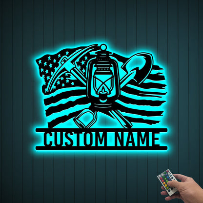 Custom Coal Mining US Flag Metal Wall Art with Led Light, Coal Mining Lantern Mining Tools Gift for Dad, Coal Miner Gifts Xmas Birthday