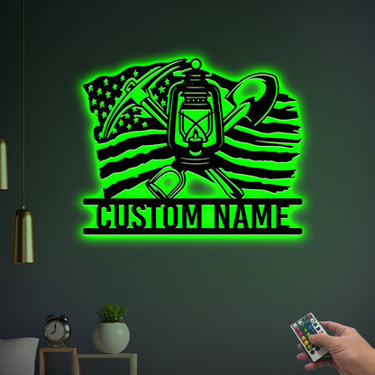 Custom Coal Mining US Flag Metal Wall Art with Led Light, Coal Mining Lantern Mining Tools Gift for Dad, Coal Miner Gifts Xmas Birthday