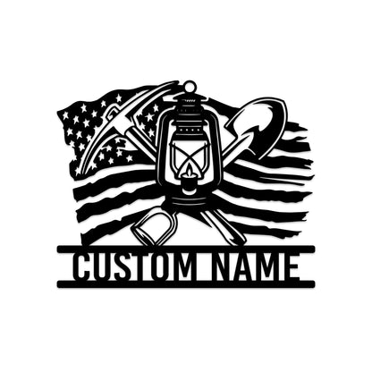 Custom Coal Mining US Flag Metal Wall Art with Led Light, Coal Mining Lantern Mining Tools Gift for Dad, Coal Miner Gifts Xmas Birthday