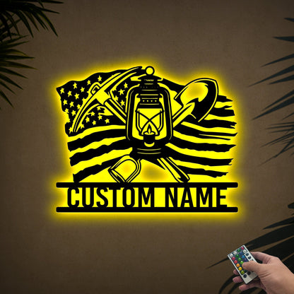 Custom Coal Mining US Flag Metal Wall Art with Led Light, Coal Mining Lantern Mining Tools Gift for Dad, Coal Miner Gifts Xmas Birthday