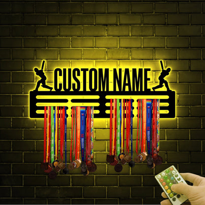 Custom Name Cricket Medal Hanger with Led Light, Sports Medal Holder Display Rack for Awards and Ribbons, Tiered Award Rack, Cricket Player