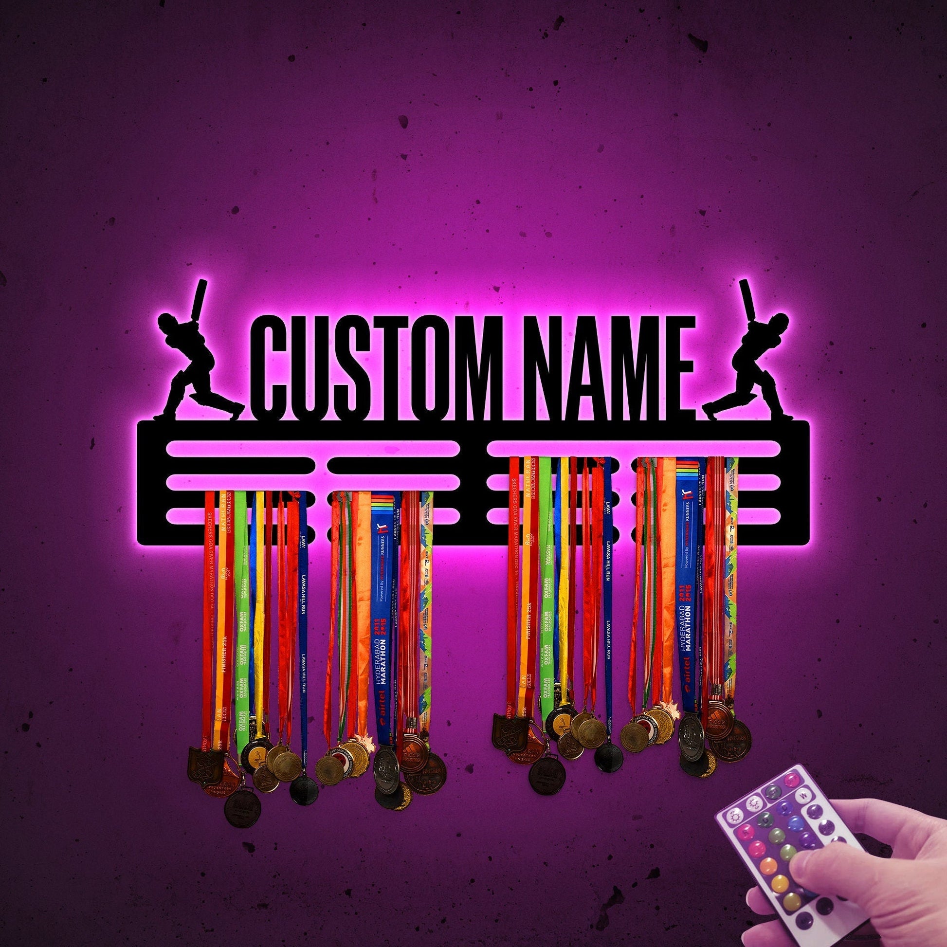Custom Name Cricket Medal Hanger with Led Light, Sports Medal Holder Display Rack for Awards and Ribbons, Tiered Award Rack, Cricket Player