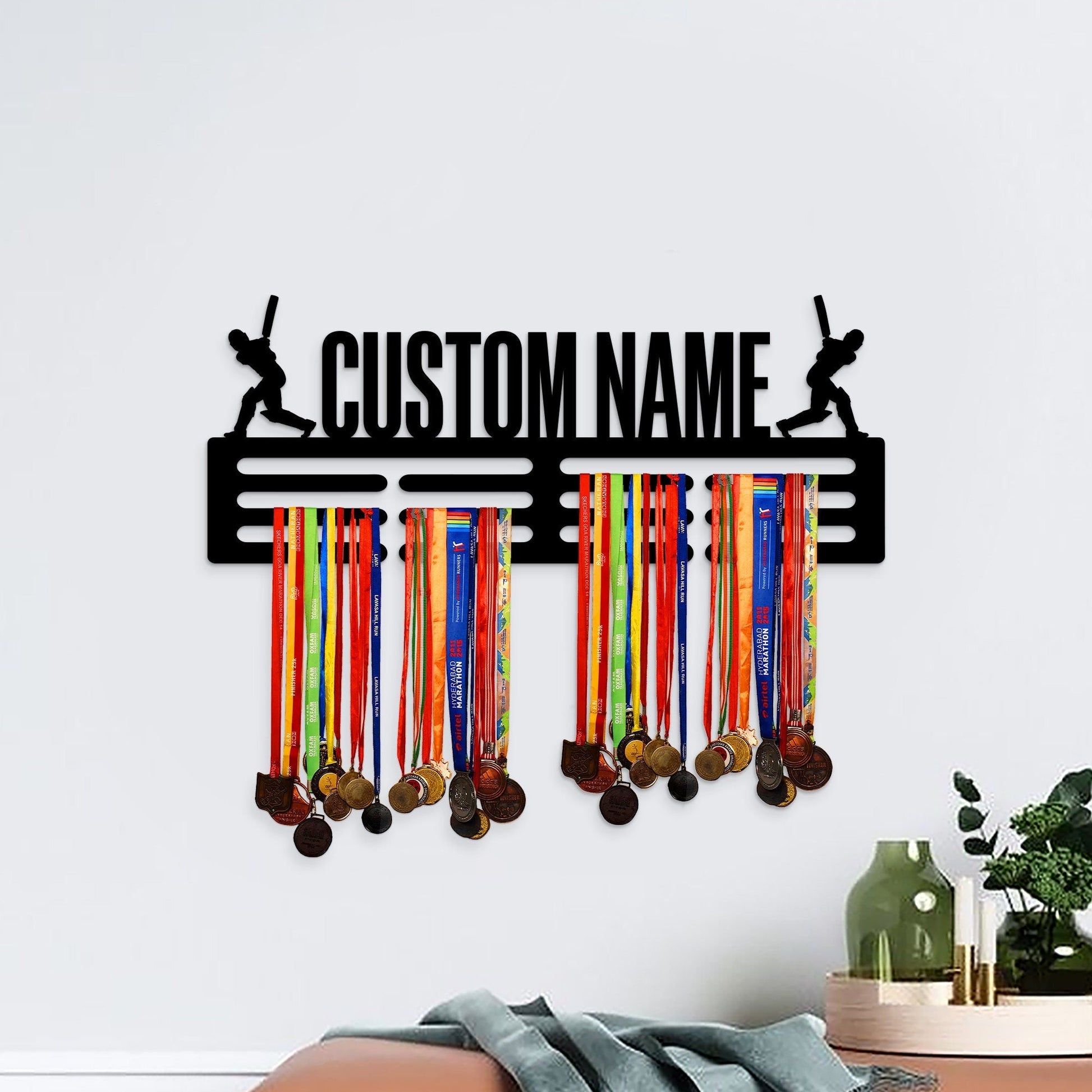 Custom Name Cricket Medal Hanger with Led Light, Sports Medal Holder Display Rack for Awards and Ribbons, Tiered Award Rack, Cricket Player