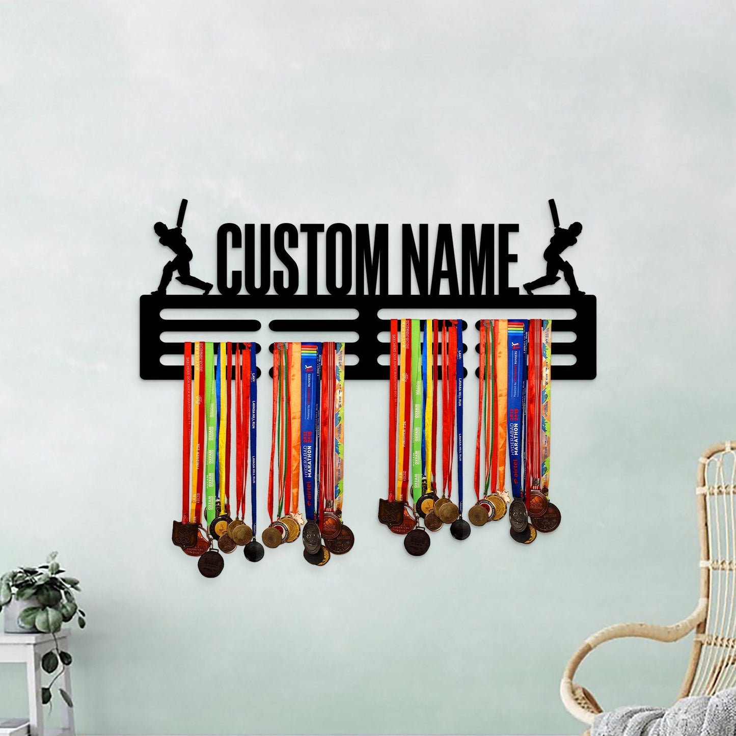 Custom Name Cricket Medal Hanger with Led Light, Sports Medal Holder Display Rack for Awards and Ribbons, Tiered Award Rack, Cricket Player
