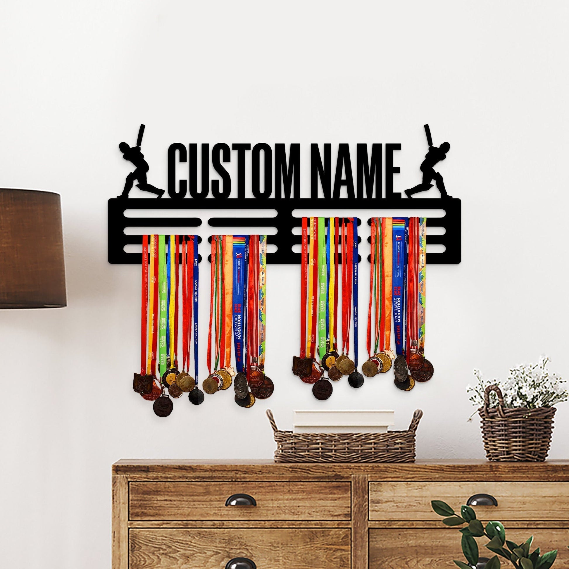 Custom Name Cricket Medal Hanger with Led Light, Sports Medal Holder Display Rack for Awards and Ribbons, Tiered Award Rack, Cricket Player