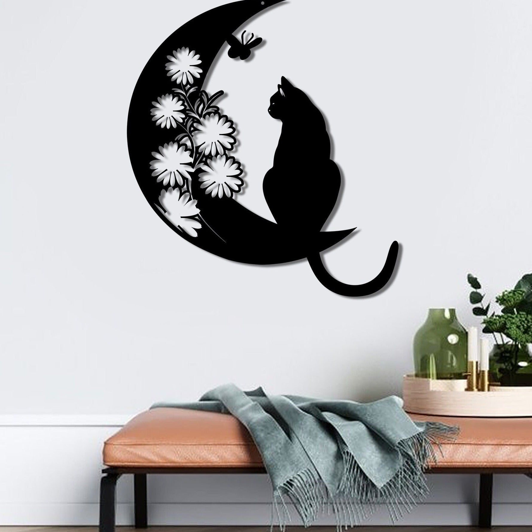 Cat and Moon Metal Wall Art, Floral Cat Wall Decor, Cat on Moon, Cat Lover Gift, Animal Decor, Home Decor, Housewarming Gift, Moon Cat Decor