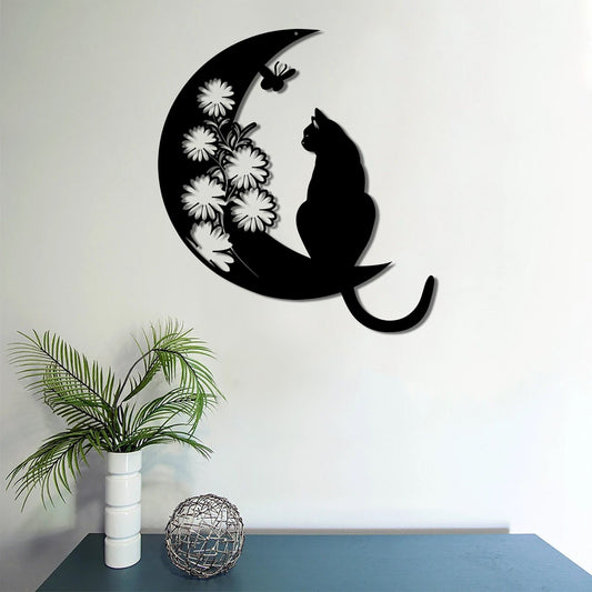 Cat and Moon Metal Wall Art, Floral Cat Wall Decor, Cat on Moon, Cat Lover Gift, Animal Decor, Home Decor, Housewarming Gift, Moon Cat Decor