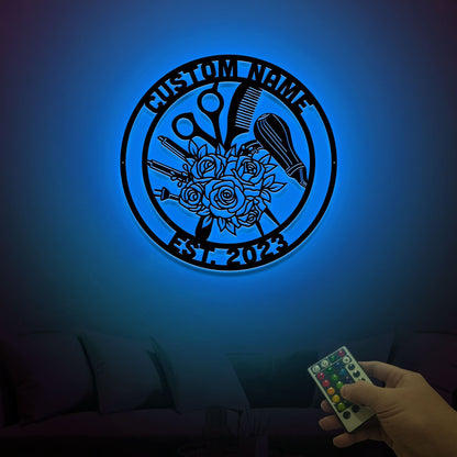 Custom Metal Hair Salon Name Sign with Led Light, Hairdresser Hair Stylist Gift, Barbershop Decor, Beauty Salon Decor, Salon Owner Gift