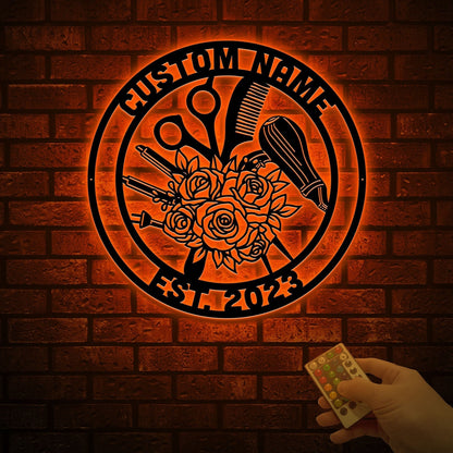 Custom Metal Hair Salon Name Sign with Led Light, Hairdresser Hair Stylist Gift, Barbershop Decor, Beauty Salon Decor, Salon Owner Gift