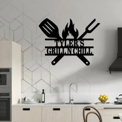 Custom Grill N Chill Metal Wall Art, Personalized BBQ Name Sign Decoration For Living Room, Grill Sign Outdoor Home Decor Dad Gifts