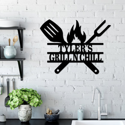Custom Grill N Chill Metal Wall Art, Personalized BBQ Name Sign Decoration For Living Room, Grill Sign Outdoor Home Decor Dad Gifts