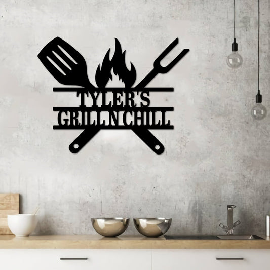 Custom Grill N Chill Metal Wall Art, Personalized BBQ Name Sign Decoration For Living Room, Grill Sign Outdoor Home Decor Dad Gifts