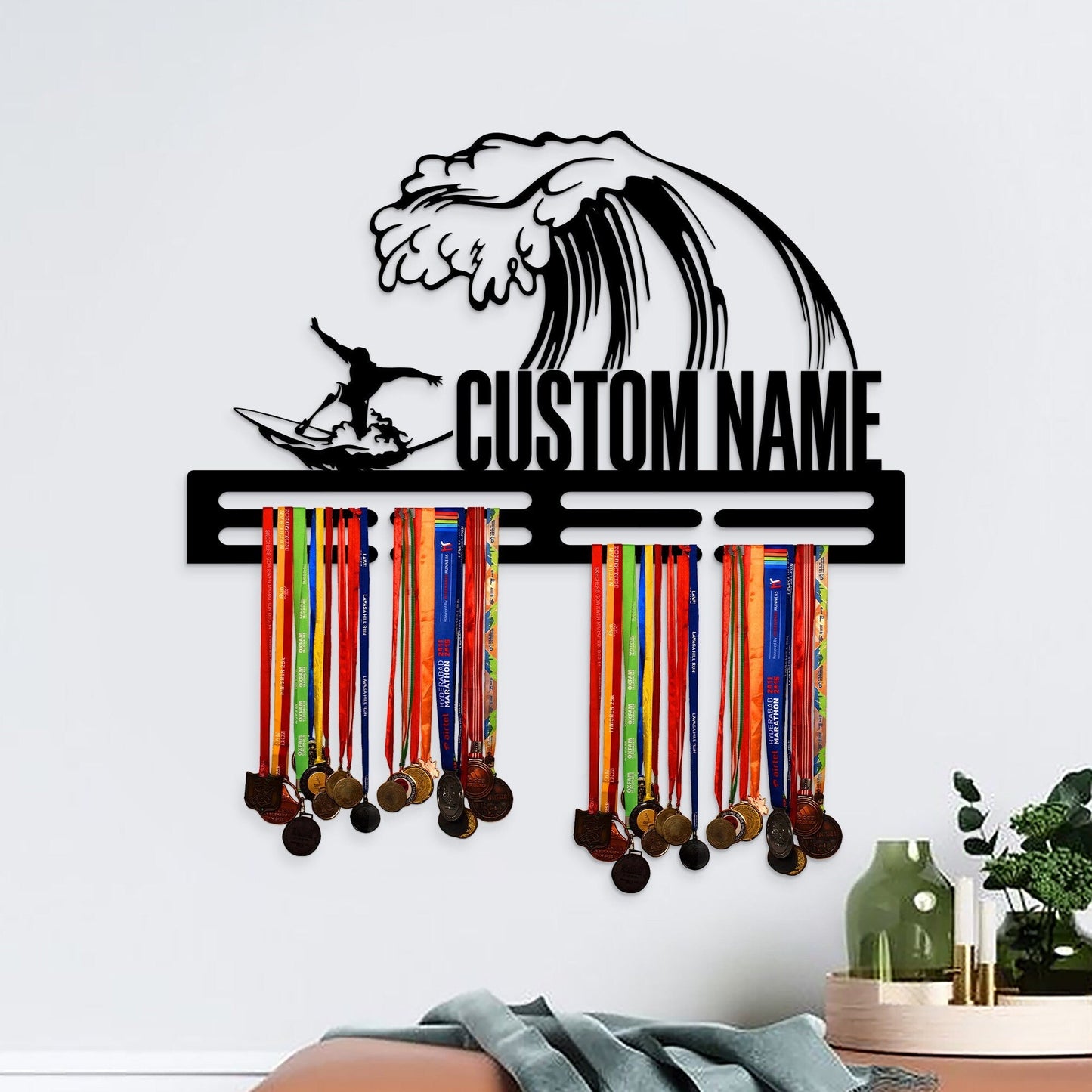 Custom Name Surfing Medal Hanger with Led Light, Medal Holder Display Rack for Awards and Ribbons, Tiered Award Rack, Sports Medal Hanger