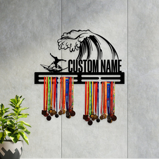 Custom Name Surfing Medal Hanger with Led Light, Medal Holder Display Rack for Awards and Ribbons, Tiered Award Rack, Sports Medal Hanger