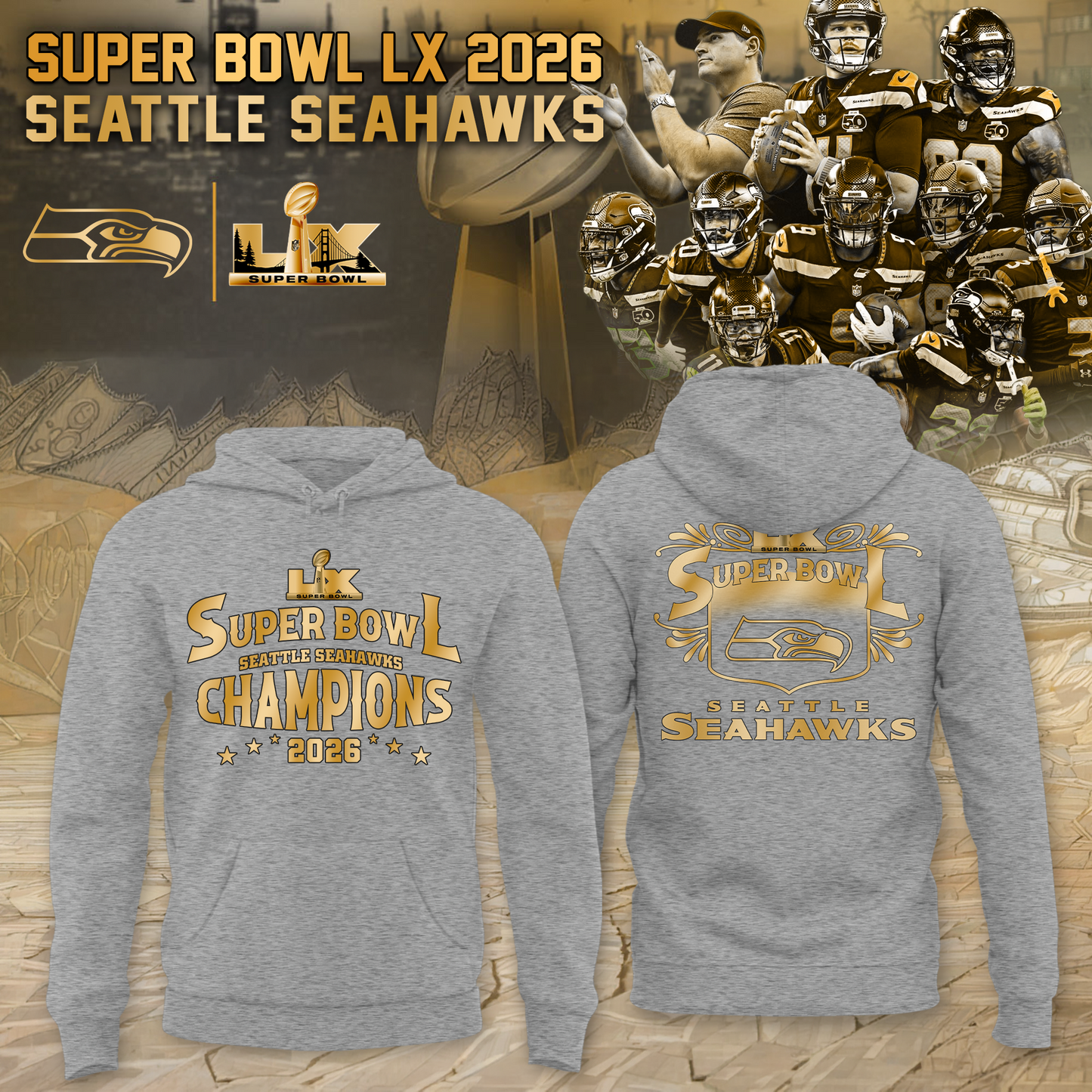 Seattle Seahawks 2026 Super Bowl LX Hoodie Golden Gray