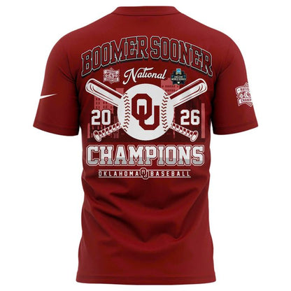 Men's Crimson Oklahoma Sooners 2026 NCAA Baseball Men's College World Series Champions Locker Room T-Shirt