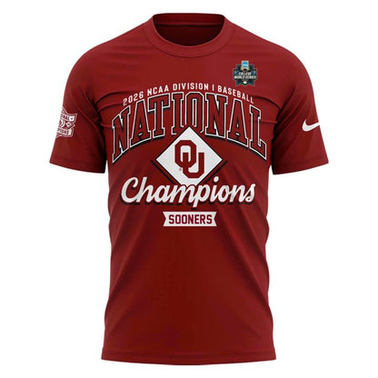Men's Champion Crimson Oklahoma Sooners 2026 NCAA Baseball Men's College World Series Champions Locker Room T-Shirt