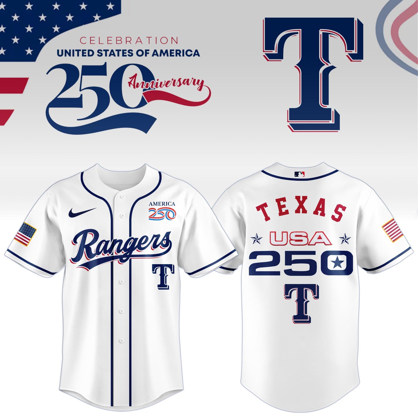 America’s 250th Anniversary Texas Rangers Baseball Jersey - Premium Quality