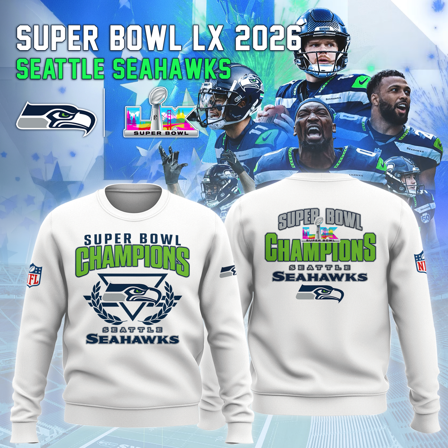 Seattle Seahawks - Champions Super Bowl LX White Sweatshirt