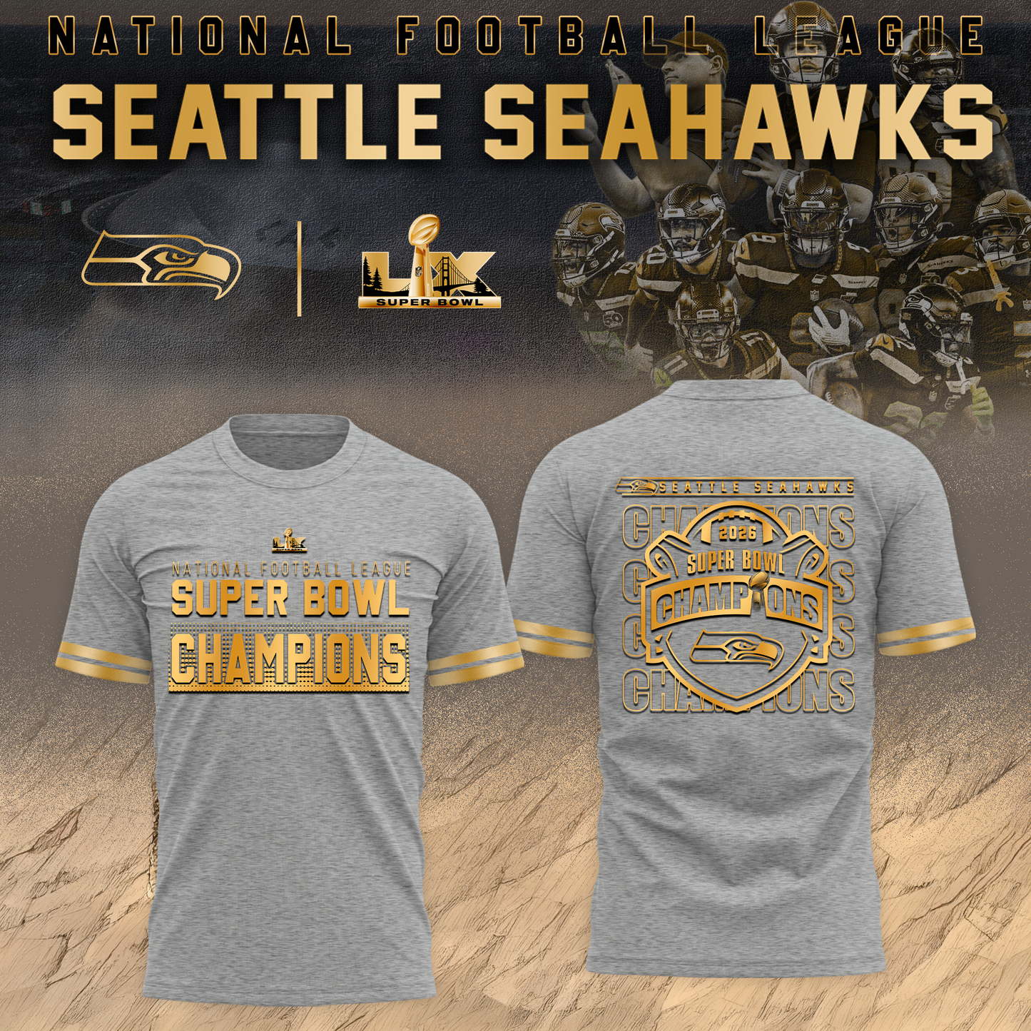 Seattle Seahawks 2026 Super Bowl LX Tshirt Golden Gray