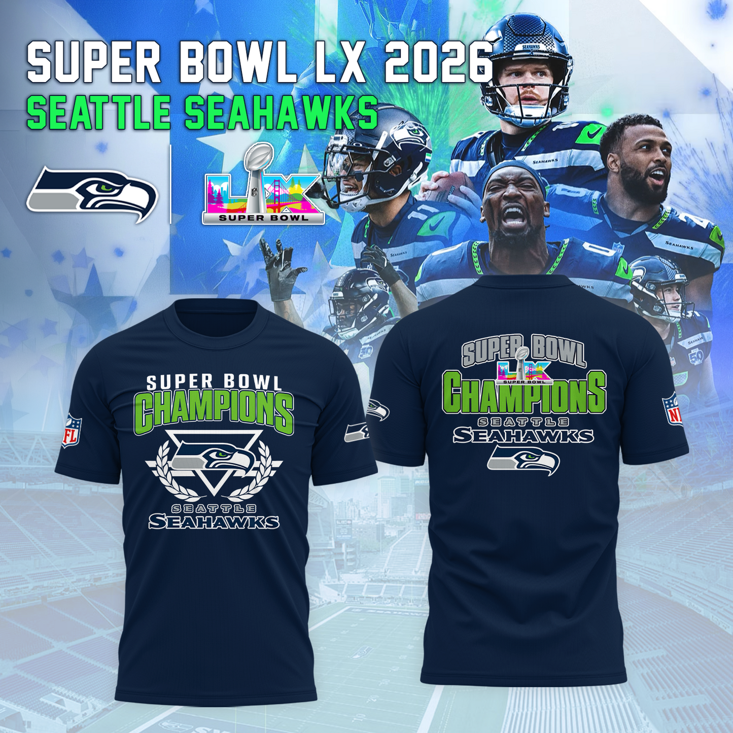 Seattle Seahawks - Champions Super Bowl LX Navy T-Shirt