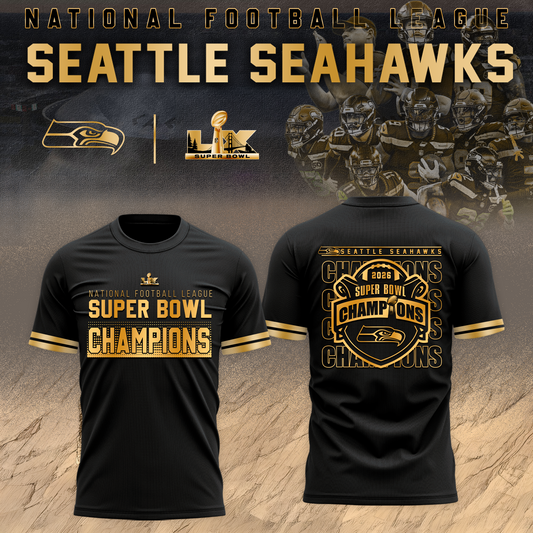 Seattle Seahawks 2026 Super Bowl LX Tshirt Golden Black Champions Shirt
