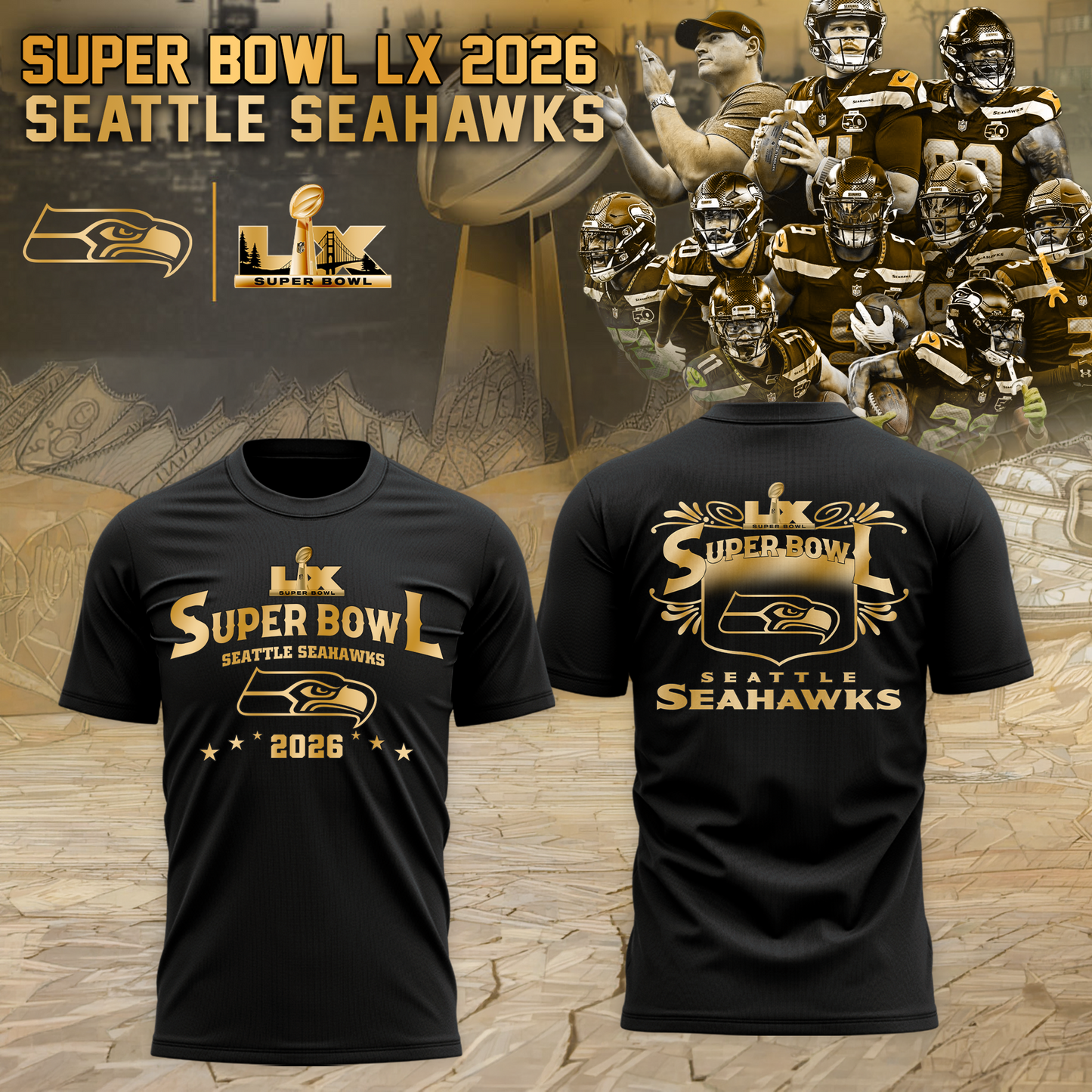Seattle Seahawks 2026 Super Bowl LX Champions Tshirt Golden Black