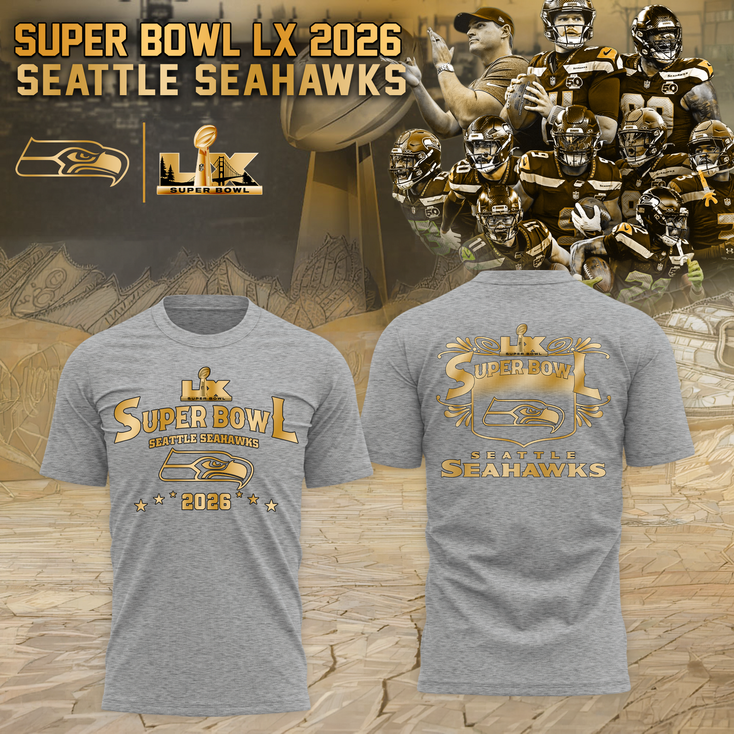 Seattle Seahawks 2026 Super Bowl LX Champions Tshirt Golden Gray