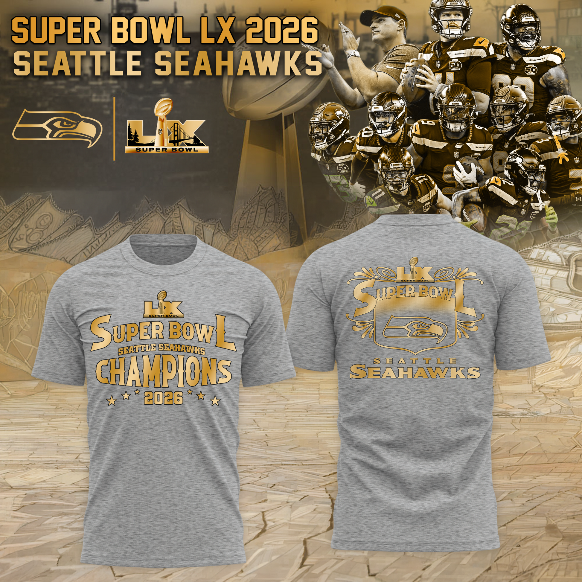 Seattle Seahawks 2026 Super Bowl LX Tshirt Golden Gray