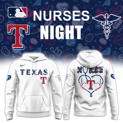 Texas Rangers Baseball White Hoodie For Nurses Night 2025 Season