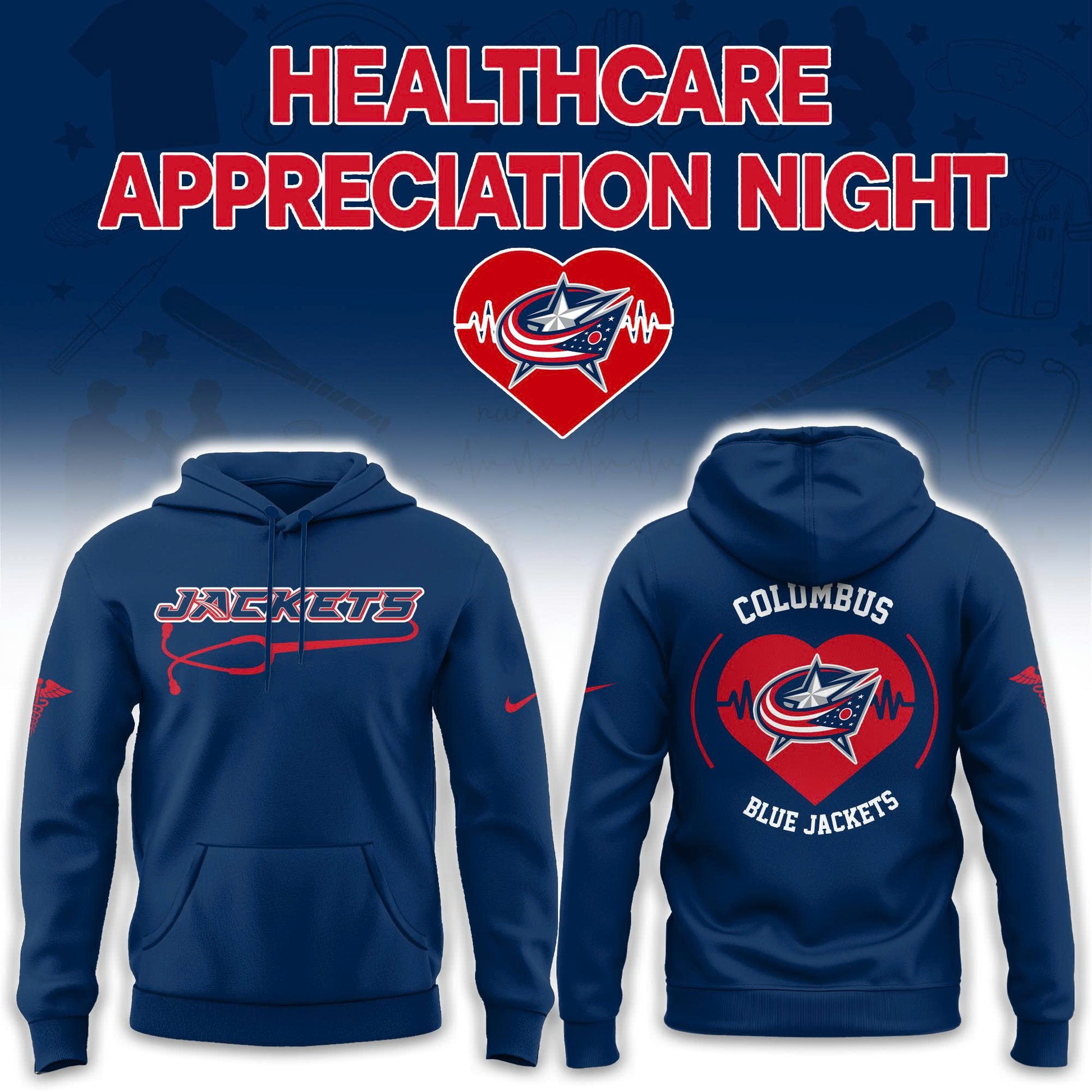 2026 Columbus Blue Jackets Healthcare Appreciation Night Limited Edition Hoodie, Jogger And Cap Outfit Navy Blue