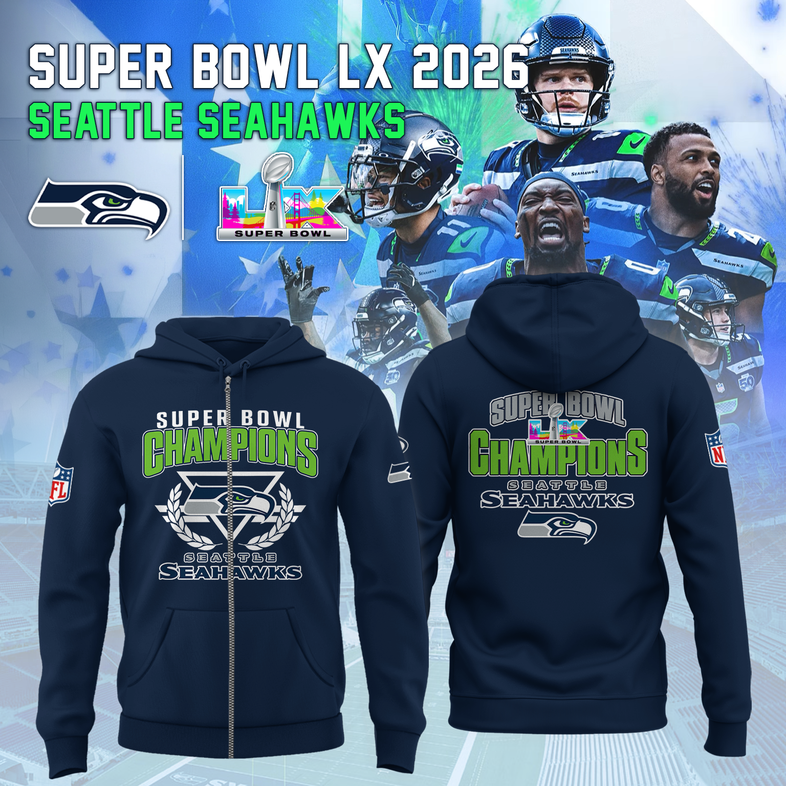 Seattle Seahawks - Champions Super Bowl LX Navy Blue Hoodie