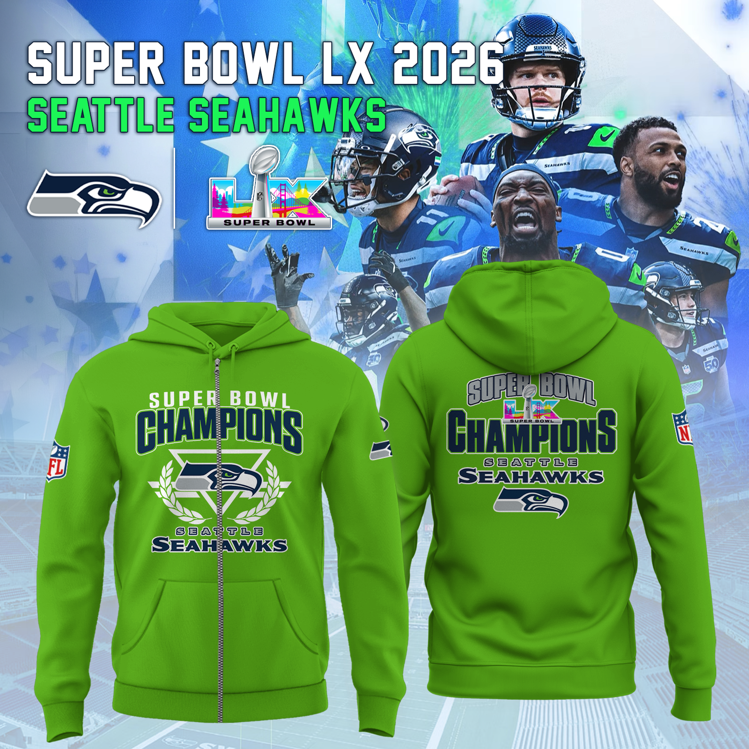 Seattle Seahawks - Champions Super Bowl LX Green Zip Hoodie