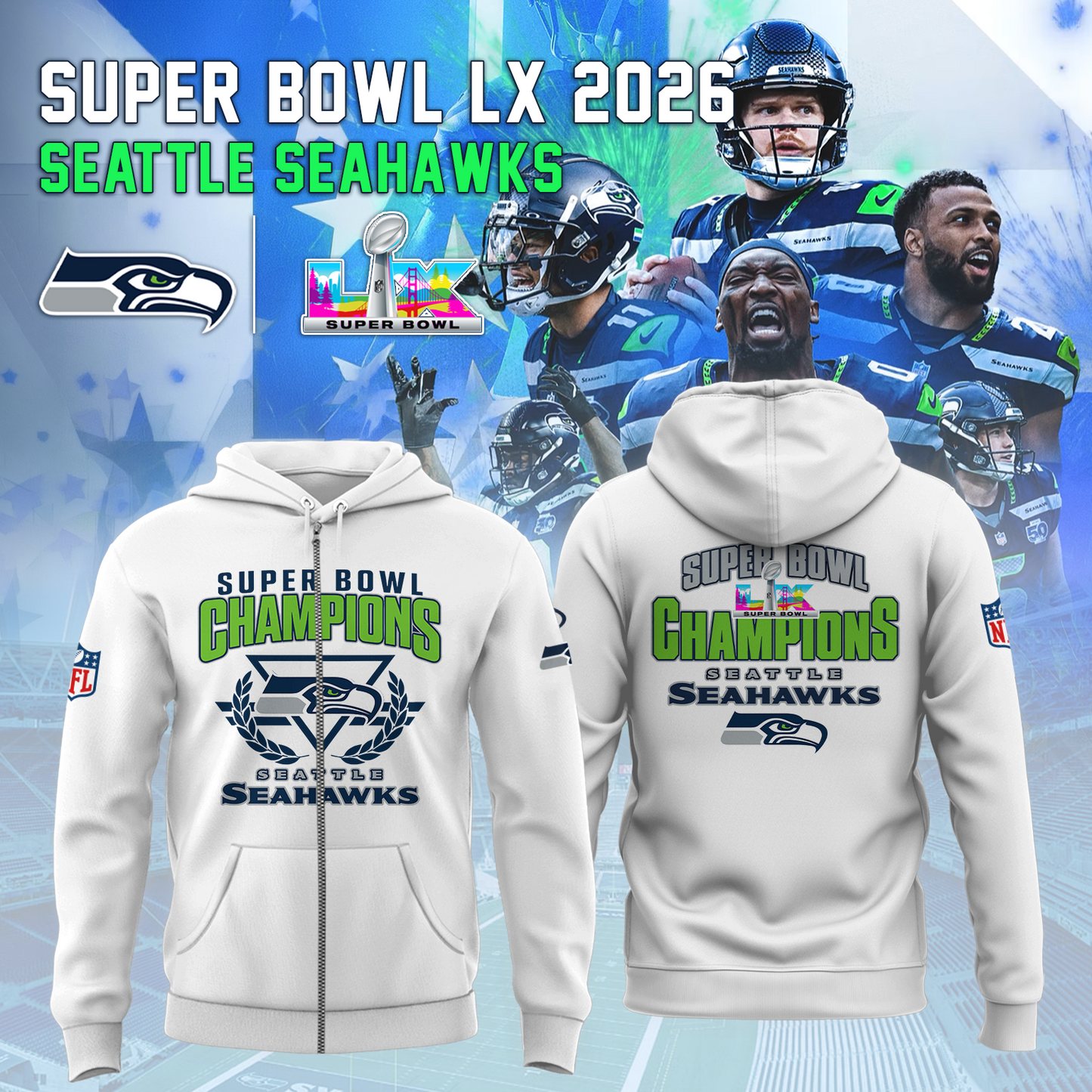 Seattle Seahawks - Champions Super Bowl LX White zip Hoodie